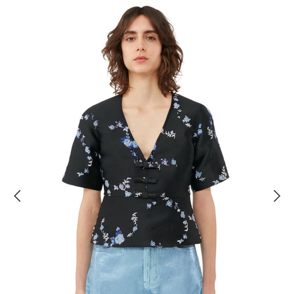 Ganni Black Floral Peplum Top